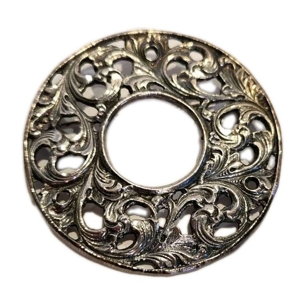 TINN NORWAY Signed 925 Silver Vintage Round Openwork Leaf Swirl Brooch Pin